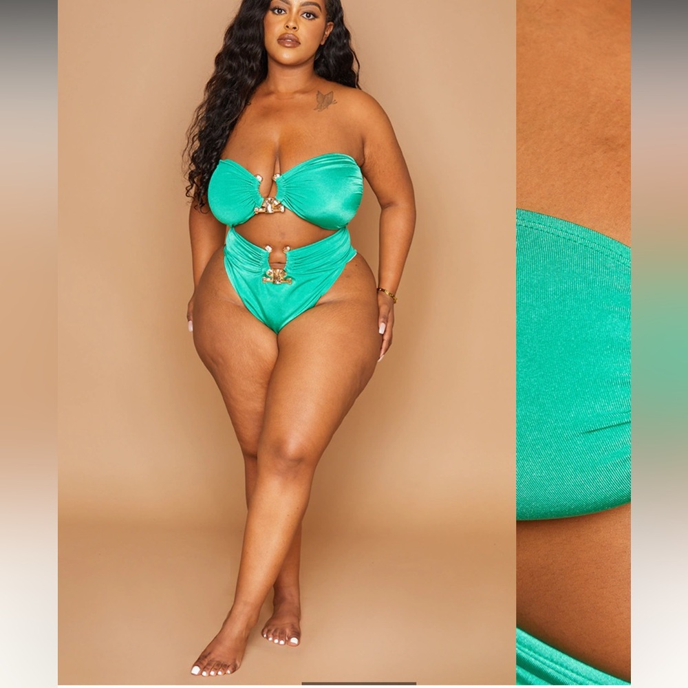 Pretty Little Thing Green Hammered Trim Bikini